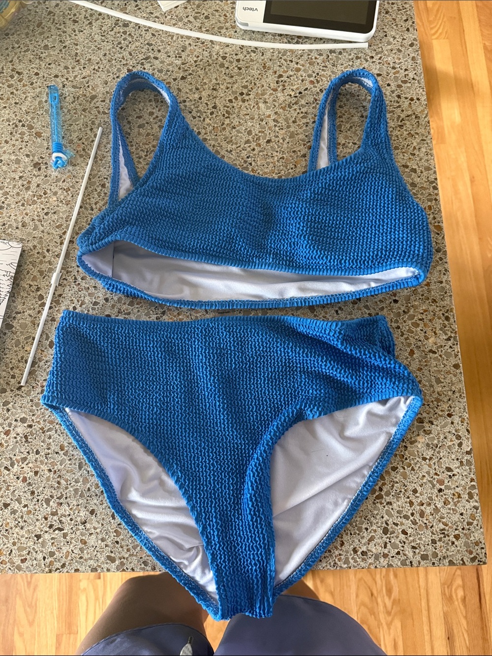 Amazon Blue Textured High-Waist Bikini Set